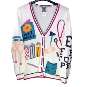 Vintage Cardigan Sweater Womens XL White Medical Nurse Doctor Eye Button Chunky